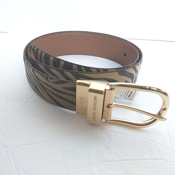 New! MICHAEL KORS Reversible Leather Belt Zebra Print Gold-tone Logo Buckle SM - Picture 4 of 13